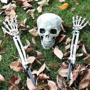 Realistic Halloween skull and skeleton hand ground stakes for outdoor lawn decoration