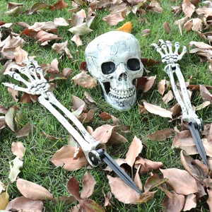 Realistic Halloween skeleton skull and hand bone stakes set for outdoor lawn decoration