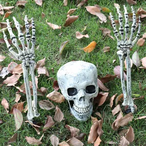 Detailed view of realistic Halloween skeleton skull and arm stakes placed in grass with dry leaves