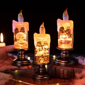 Halloween LED Candle Light Liquid Glitter Ghost Skeleton Pumpkin Desktop Ornament Night Light Vintage Tabletop Decoration Party Supplies