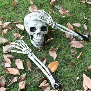 Realistic 3-piece skull and arm bones ground stakes for spooky Halloween outdoor garden decor