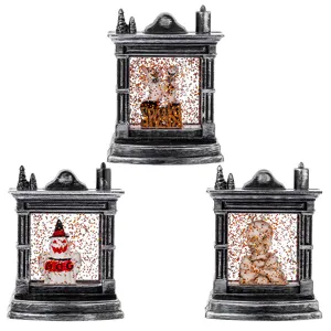 Set di tre lanterne da camino vintage per Halloween con fantasma, teschio e zucca, effetto neve
