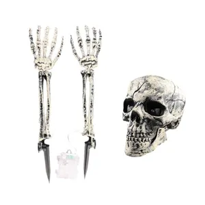 Halloween realistic skull and skeleton hands ground stakes with LED battery box