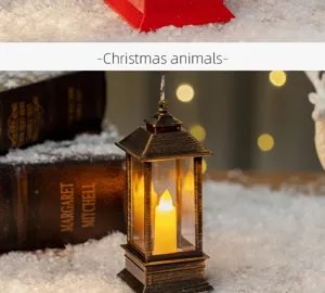 Vintage style LED lantern with warm faux candle light on snowy Christmas background