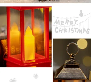 Close-up of LED Christmas lantern with warm flickering candle light detail