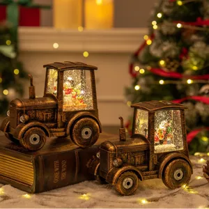 Vintage-Traktor-Weihnachtsschneekugel mit Weihnachtsmann- und Schneemann-Szenen