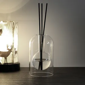 Botella difusor de aromas de vidrio transparente minimalista con varillas negras para el hogar.