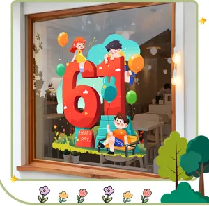 Pegatinas estáticas de ventana para el Día del Niño con dibujos y número 61