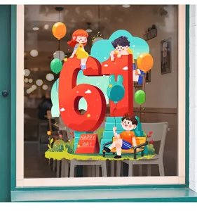 Adhesivo de ventana colorido del Día del Niño con niños y decoración del 61