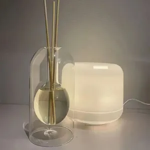 Botella difusora de vidrio transparente minimalista para aceites esenciales, elegante.