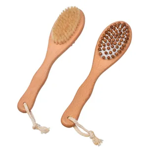 Natural wooden bath brush with soft boar bristles and massage nodes for daily body exfoliation.