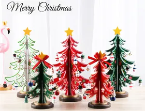 Detailed view of colorful wooden Christmas tree ornaments with miniature decorations