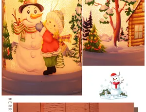 Primo piano della lampada a candela LED di Natale con motivo pupazzo di neve e bimbo
