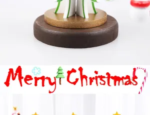 Close-up detail view of a wooden Christmas tree base with Merry Christmas text banner
