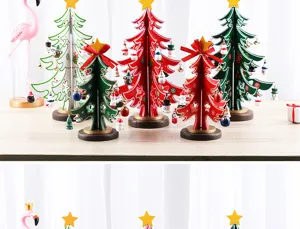 Detailed view of colorful wooden Christmas tree ornaments with miniature decorations