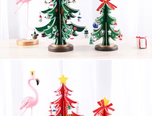Detail of green and red wooden DIY Christmas tree tabletop decorations for home