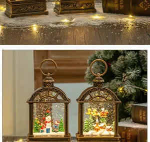 Vue détaillée de lanternes de Noël en bronze vintage avec effet de lumière LED de neige