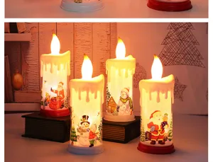Candele di Natale a LED a luce calda con grafiche di Babbo Natale e pupazzo di neve.