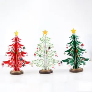 Handcrafted wooden tabletop Christmas trees with miniature snowman ornaments set of 3