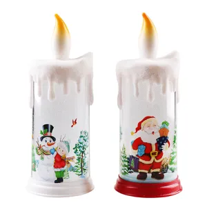 Due candele LED natalizie con stampe di Babbo Natale e pupazzo di neve e fiamme