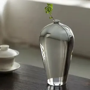 Close-up detail shot of transparent glass vase zen style flower arrangement hydroponic decor.