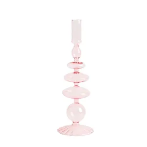 Rosa Glas Kerzenhalter und dekorative Kunstvase, kreatives gestapeltes Tischornament für Zuhause.