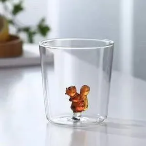 Clear glass water cup with cute 3D animal inside, heat-resistant milk breakfast glass for home.