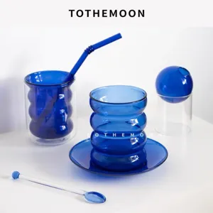 Blue ribbed glassware set, cute caterpillar coffee milk cups with straw and saucer for home daily use.