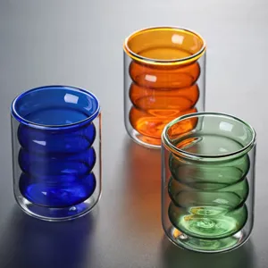 Creative Ripple Glass Cup Transparent Amber Blue Coffee Milk Cup Heat Resistant Borosilicate Glass Drinking Tumbler For Home