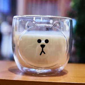 Cute Cartoon Double Layer Glass Cup Heat Resistant Borosilicate Water Cup Shiba Inu Bear Rabbit Clear Glass Mug