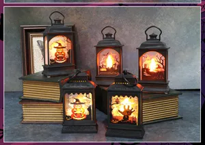 Set di 5 lanterne LED di Halloween con zucche luminose e disegni di sagome spettrali