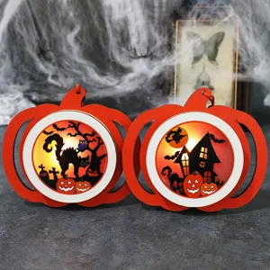 Halloween LED Light Pumpkin Silhouette Wood Ornament Spooky Black Cat Castle Skeleton Glowing Table Decoration For Haunted House Party