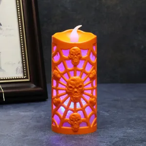 Halloween LED skull spider web pillar candle light with purple internal glowing effect
