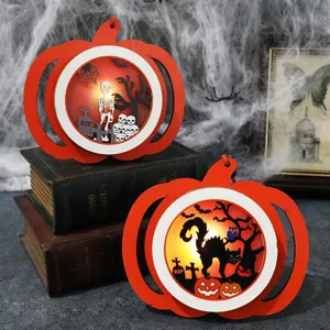 Halloween wooden LED pumpkin light decoration with spooky graveyard and black cat silhouettes