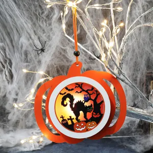 Glowing Halloween LED pumpkin lantern decoration with spooky cat and graveyard design.