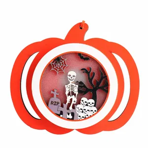Halloween LED pumpkin wooden ornament with skeleton and RIP tombstone scene decor