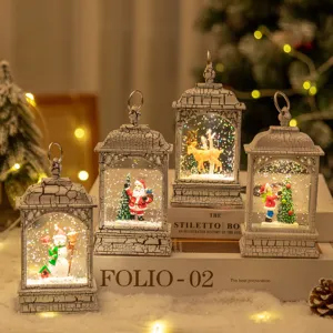 Lanterne Boule de Neige de Noël Vintage Veilleuse Avec Paillettes Flottantes Fini Craquelé Père Noël Bonhomme de Neige Renne Lampe de Décoration