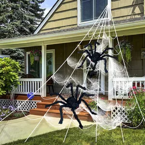 Γιγαντιαία Λούτρινη Αράχνη Προσομοίωσης Halloween Ρεαλιστική Μαύρη Τριχωτή Αράχνη Με Μεγάλο Λευκό Τριγωνικό Ιστό Αράχνης Διακόσμηση Εξωτερικού Χώρου