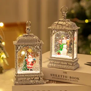Lanterne de Noël blanche vintage boule à neige veilleuse avec Père Noël et bonhomme de neige