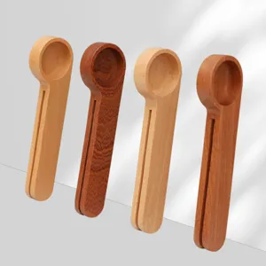 Wooden coffee scoop and bag sealing clip set, portable kitchen measuring spoon in wood.