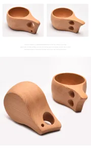 Wooden camp cup detail view, natural beech wood construction with comfortable handle holes.