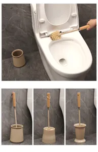 Wooden long handle toilet brush set with holder for bathroom cleaning. Durable daily use tool.