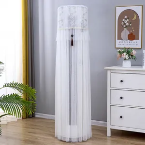 Cylindrical vertical air conditioner dust cover with elegant lace embroidery, breathable fabric home decor.