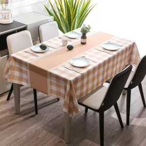 Cotton linen rectangular tablecloth with checkered design and table runner for dining room decor.