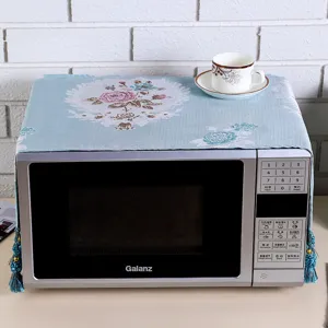 Floral microwave dust cover with elegant tassels, pastoral fabric oven cover protector.