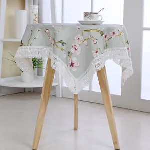 Cotton linen round tablecloth with floral pattern and white lace trim for coffee table.