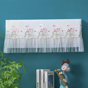 Wall mounted air conditioner dust cover with pink lotus embroidery and white mesh lace.