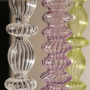 Minimalist glass candlestick vase art ornament, elegant fluted design for home decor and dining table.