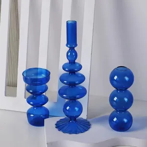 Vase bougeoir en verre bleu design geometrique minimaliste decor art de table 1pc