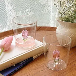 Taza de Agua de Vidrio Borosilicato Estilo Ins Transparente Lindo 3D Rosa Rosa Taza de Vidrio Estética para Hogar Leche Café